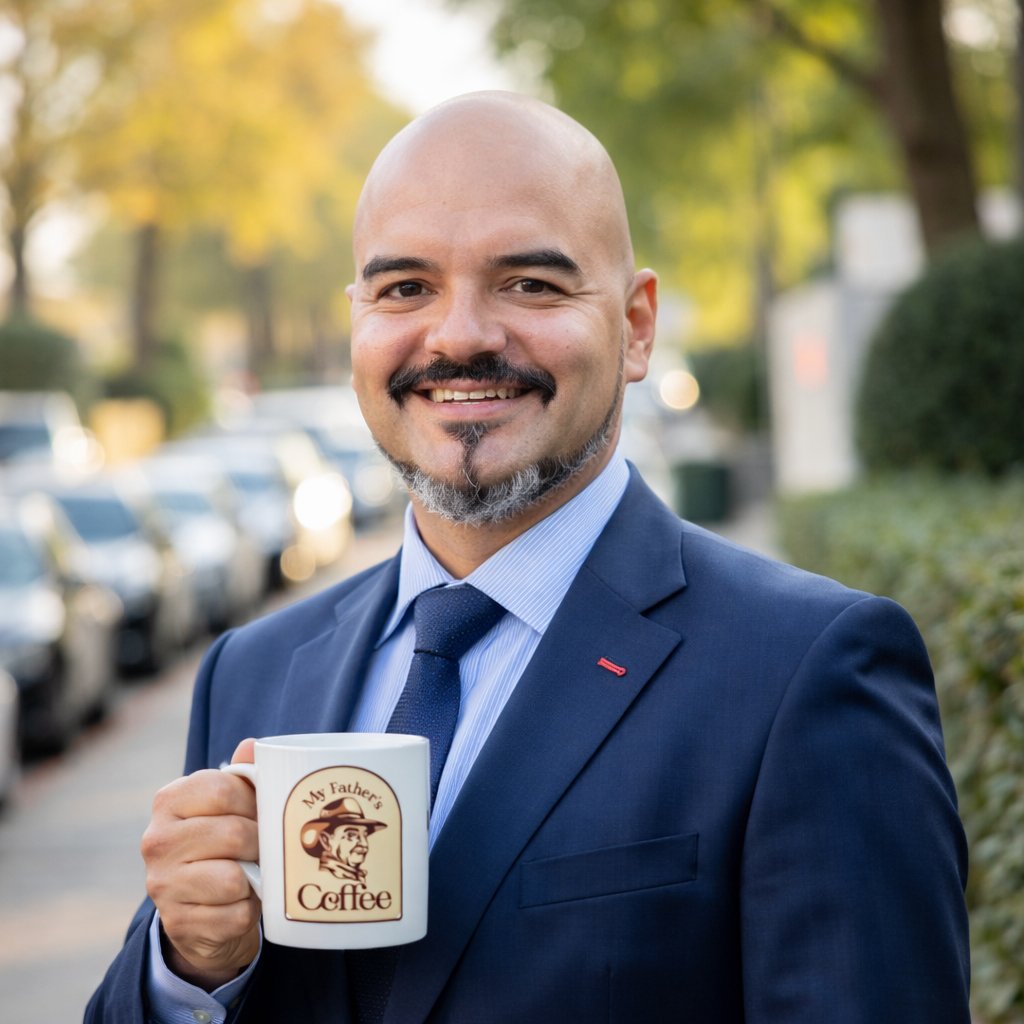 Julio Gonzalez holding a cup of his father's coffee